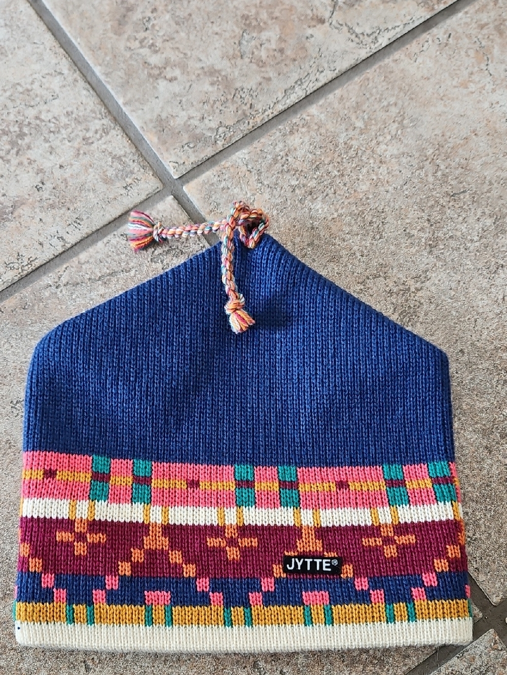Mens Multicolor Knit Beanie with Pom Cord